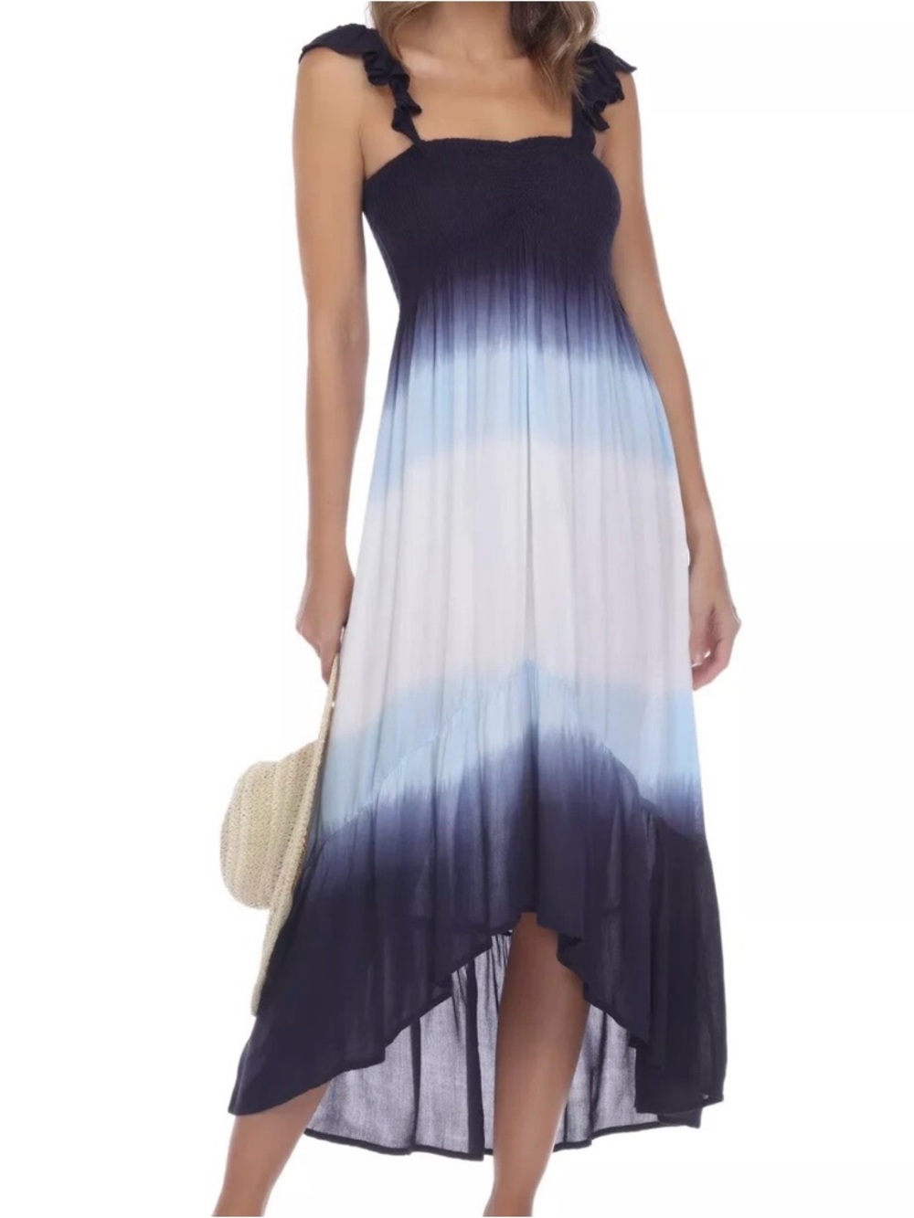 Raviya Ombre Women’s Smocked High-Low Cover-Up Sundress Navy Blue Tie-Dye Size L